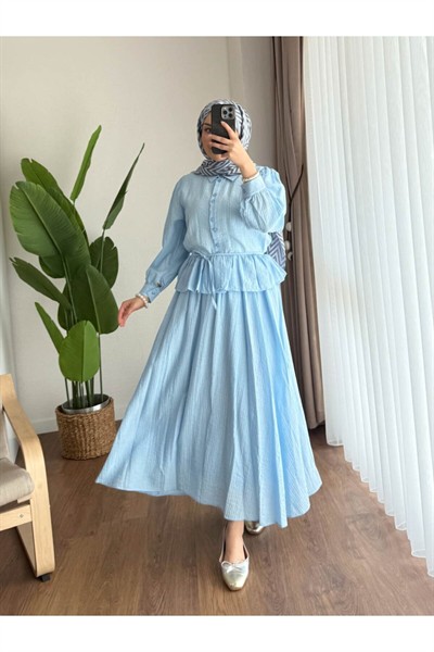Kadın Fırfır Gömlekli Etekli Takım M2512 - Bebe Mavisi