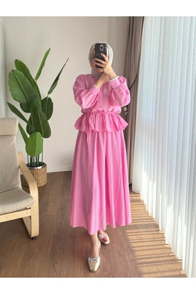 Kadın Fırfır Gömlekli Etekli Takım M2512 - Pembe