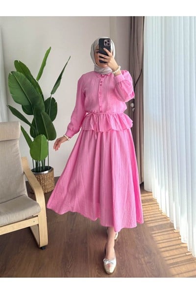 Kadın Fırfır Gömlekli Etekli Takım M2512 - Pembe