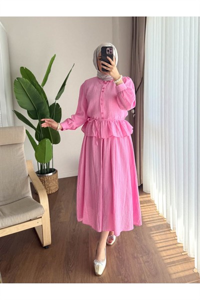 Kadın Fırfır Gömlekli Etekli Takım M2512 - Pembe