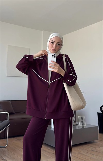 Kadın Garnili Biyeli Tunik ve Pantolon Spor İkili Takım M62819 - Bordo