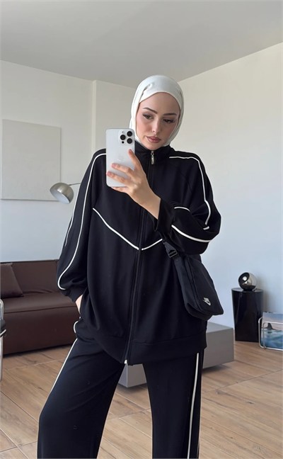 Kadın Garnili Biyeli Tunik ve Pantolon Spor İkili Takım M62819 - Siyah