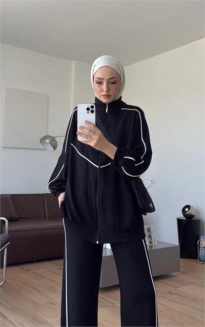 Kadın Garnili Biyeli Tunik ve Pantolon Spor İkili Takım M62819 - Siyah