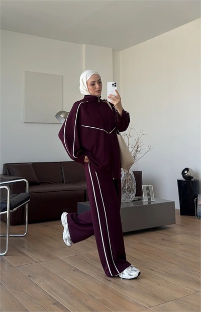 Kadın Garnili Biyeli Tunik ve Pantolon Spor İkili Takım M62819 - Bordo