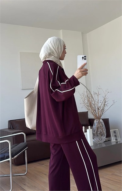 Kadın Garnili Biyeli Tunik ve Pantolon Spor İkili Takım M62819 - Bordo