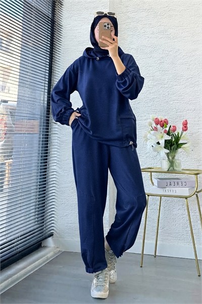 Kapüşonlu Paça Pile Detay Pantolon Takım M26153 - Lacivert