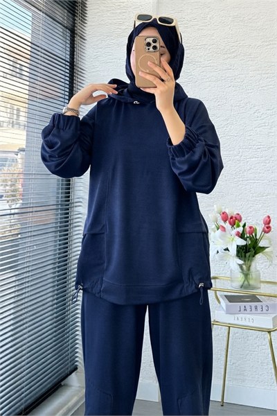 Kapüşonlu Paça Pile Detay Pantolon Takım M26153 - Lacivert