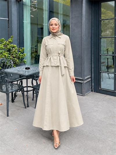 Kadın Gizli Düğmeli ve Kuşaklı Denim Etek Takım - Taş
