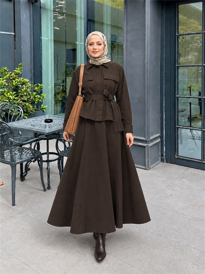 Kadın Gizli Düğmeli ve Kuşaklı Denim Etek Takım - Kahverengi