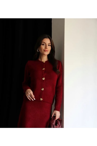 Kadın Gold Kalp Düğme Detaylı Etek Üstü Triko Hırka Tesettür - Bordo