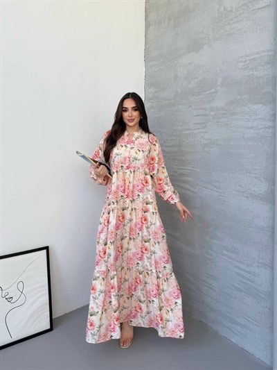 Kadın Gül ve Çiçek Desenli Kat Kat Tesettür Elbise - Pembe