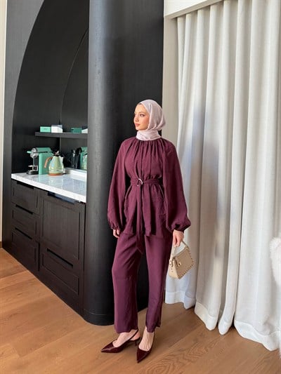 Kadın Kemerli ve Pantolonlu Modal Takım M41649 - Mürdüm