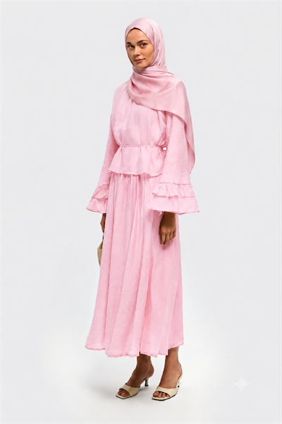 Kadın Kolu Fırfır Detaylı Belden Bağlamalı Etekli Takım M41675 - Pembe