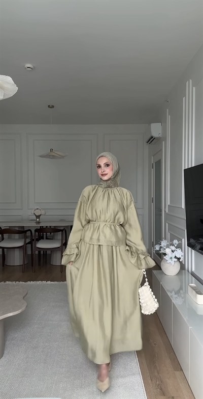 Kadın Kolu Fırfır Detaylı Belden Bağlamalı Etekli Takım M41675 - Küf Yeşili