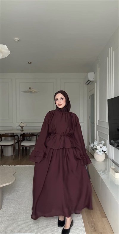 Kadın Kolu Fırfır Detaylı Belden Bağlamalı Etekli Takım M41675 - Mürdüm