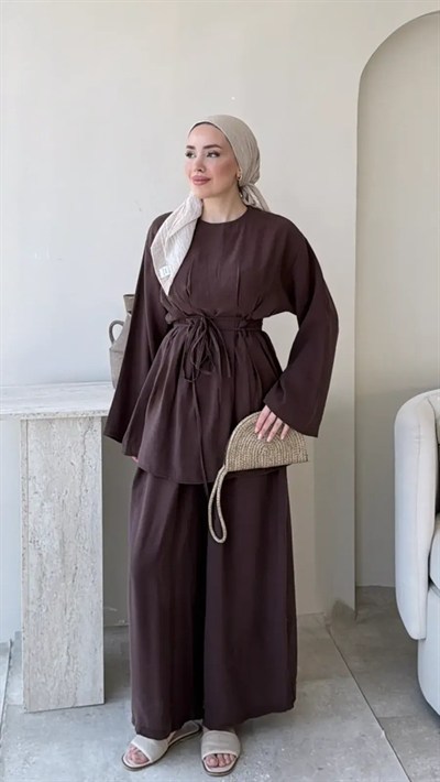 Kadın Modal  Bel Bağlamalı Tunik Pantolon Takım  M2672 - Kahverengi