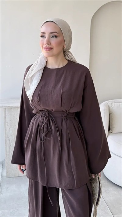 Kadın Modal  Bel Bağlamalı Tunik Pantolon Takım  M2672 - Kahverengi