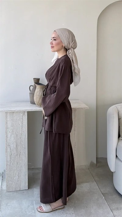 Kadın Modal  Bel Bağlamalı Tunik Pantolon Takım  M2672 - Kahverengi