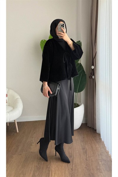 Kadın Ön Bağlamalı Fox Kumaş Kimono Ceket M25109 - Siyah