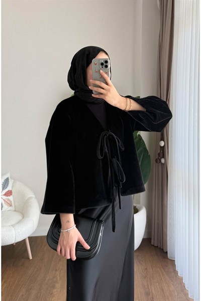 Kadın Ön Bağlamalı Fox Kumaş Kimono Ceket M25109 - Siyah