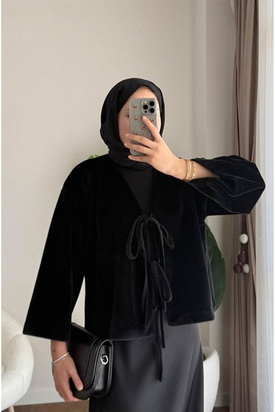 Kadın Ön Bağlamalı Fox Kumaş Kimono Ceket M25109 - Siyah