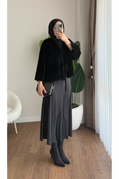 Kadın Ön Bağlamalı Fox Kumaş Kimono Ceket M25109 - Siyah