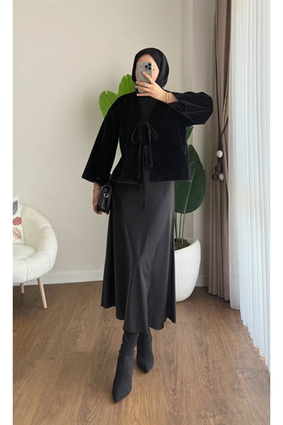 Kadın Ön Bağlamalı Fox Kumaş Kimono Ceket M25109 - Siyah