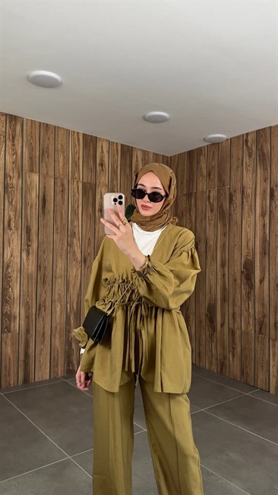 Kadın Önden Bağcıklı Kimono Pantolonlu Takım M61882 - Yağ Yeşili