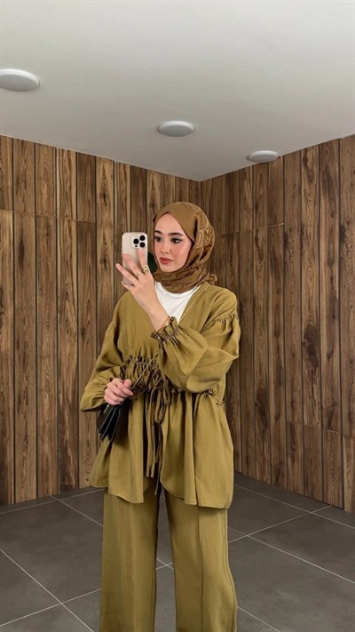Kadın Önden Bağcıklı Kimono Pantolonlu Takım M61882 - Yağ Yeşili