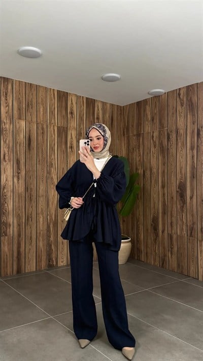 Kadın Önden Bağcıklı Kimono Pantolonlu Takım M61882 - Lacivert