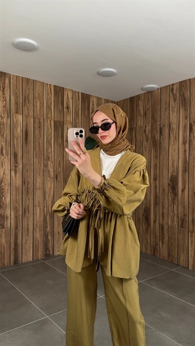 Kadın Önden Bağcıklı Kimono Pantolonlu Takım M61882 - Yağ Yeşili