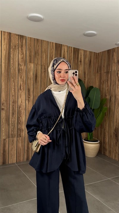 Kadın Önden Bağcıklı Kimono Pantolonlu Takım M61882 - Lacivert