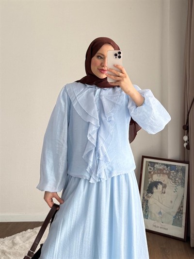 Kadın Önü Fırfırlı Modal Etekli Takım M2640 - Bebe Mavisi