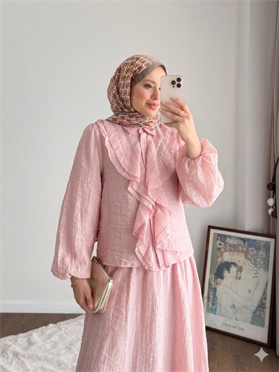 Kadın Önü Fırfırlı Modal Etekli Takım M2640 - Pembe
