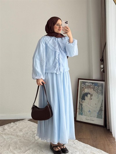 Kadın Önü Fırfırlı Modal Etekli Takım M2640 - Bebe Mavisi