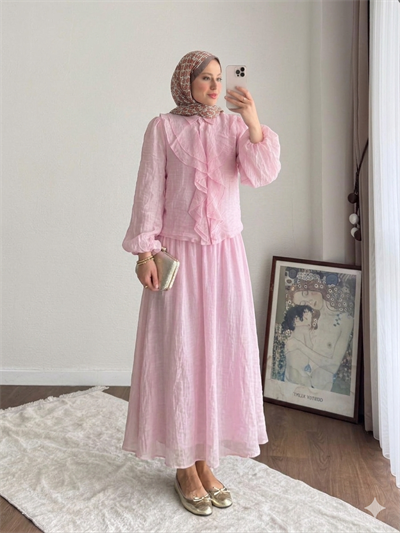 Kadın Önü Fırfırlı Modal Etekli Takım M2640 - Pembe