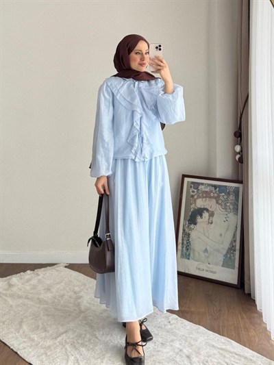 Kadın Önü Fırfırlı Modal Etekli Takım M2640 - Bebe Mavisi