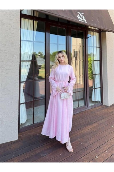 Kadın Parçalı Belden Bağlamalı Elbise M9988 - Pembe