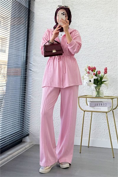 Kadın Premium Bel Büzgülü Nervürlü Detay Double Face Pantolon Takım - Pembe
