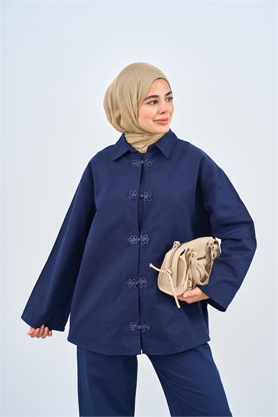 Kadın Premium Dantel Düğüm Düğme Detay Gabardin Pantolon Takım M62812 - Lacivert