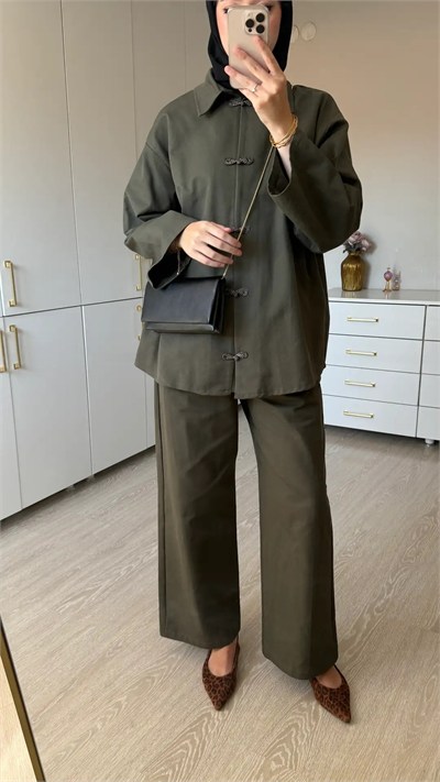 Kadın Premium Düğüm Düğme Detay Gabardin Pantolon Takım M62812 - Haki