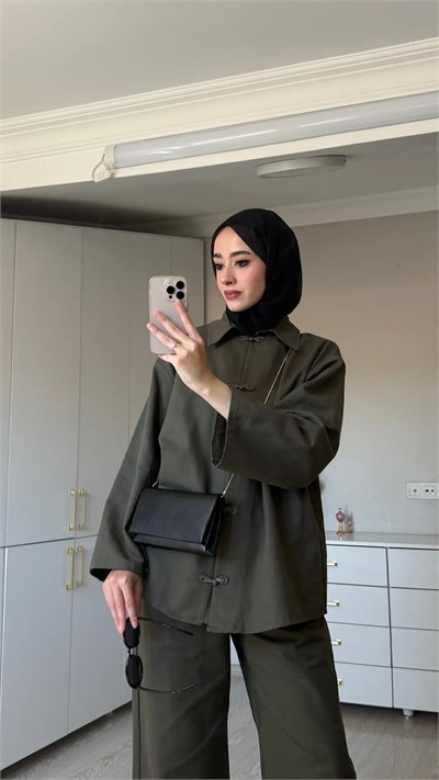 Kadın Premium Düğüm Düğme Detay Gabardin Pantolon Takım M62812 - Haki