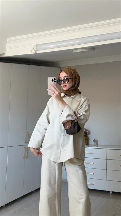 Kadın Premium Düğüm Düğme Detay Gabardin Pantolon Takım M62812 - Bej