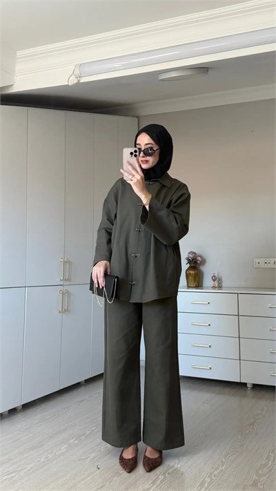 Kadın Premium Düğüm Düğme Detay Gabardin Pantolon Takım M62812 - Haki