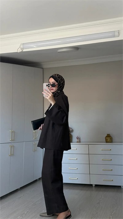 Kadın Premium Düğüm Düğme Detay Gabardin Pantolon Takım M62812 - Kahverengi