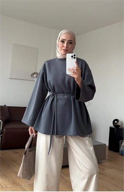 Kadın Seyyar Bağlamalı Oy-sho Kumaş Tunik M62410 - Füme