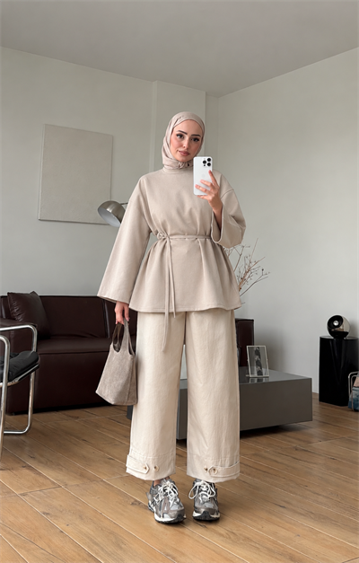 Kadın Seyyar Bağlamalı Oy-sho Kumaş Tunik M62410 - Bej