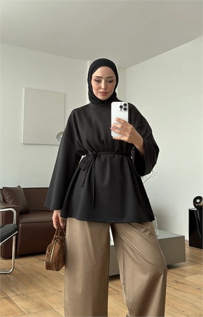 Kadın Seyyar Bağlamalı Oy-sho Kumaş Tunik M62410 - Siyah