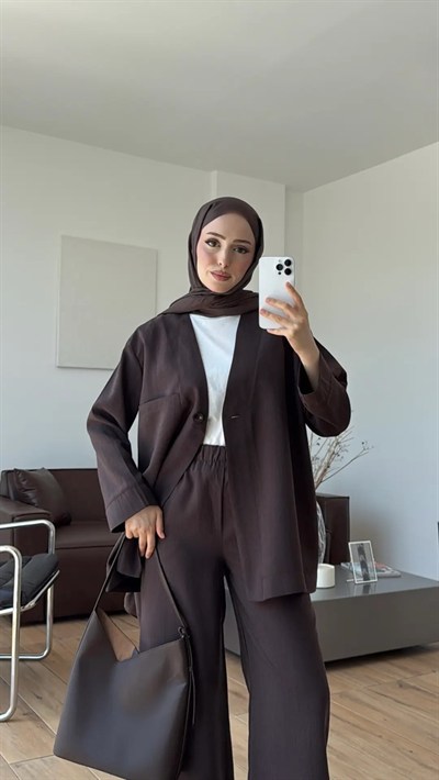 Kadın Tek Düğmeli Pantolon Takım M61886 - Kahverengi