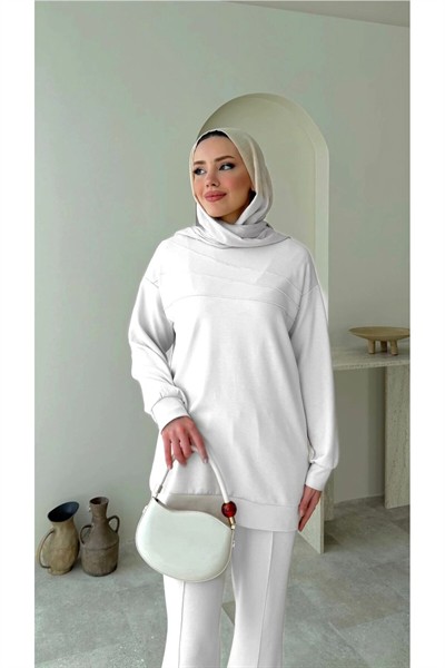 Kadın Tesettür Çimalı Pantolon İkili Takım M7154 - Beyaz